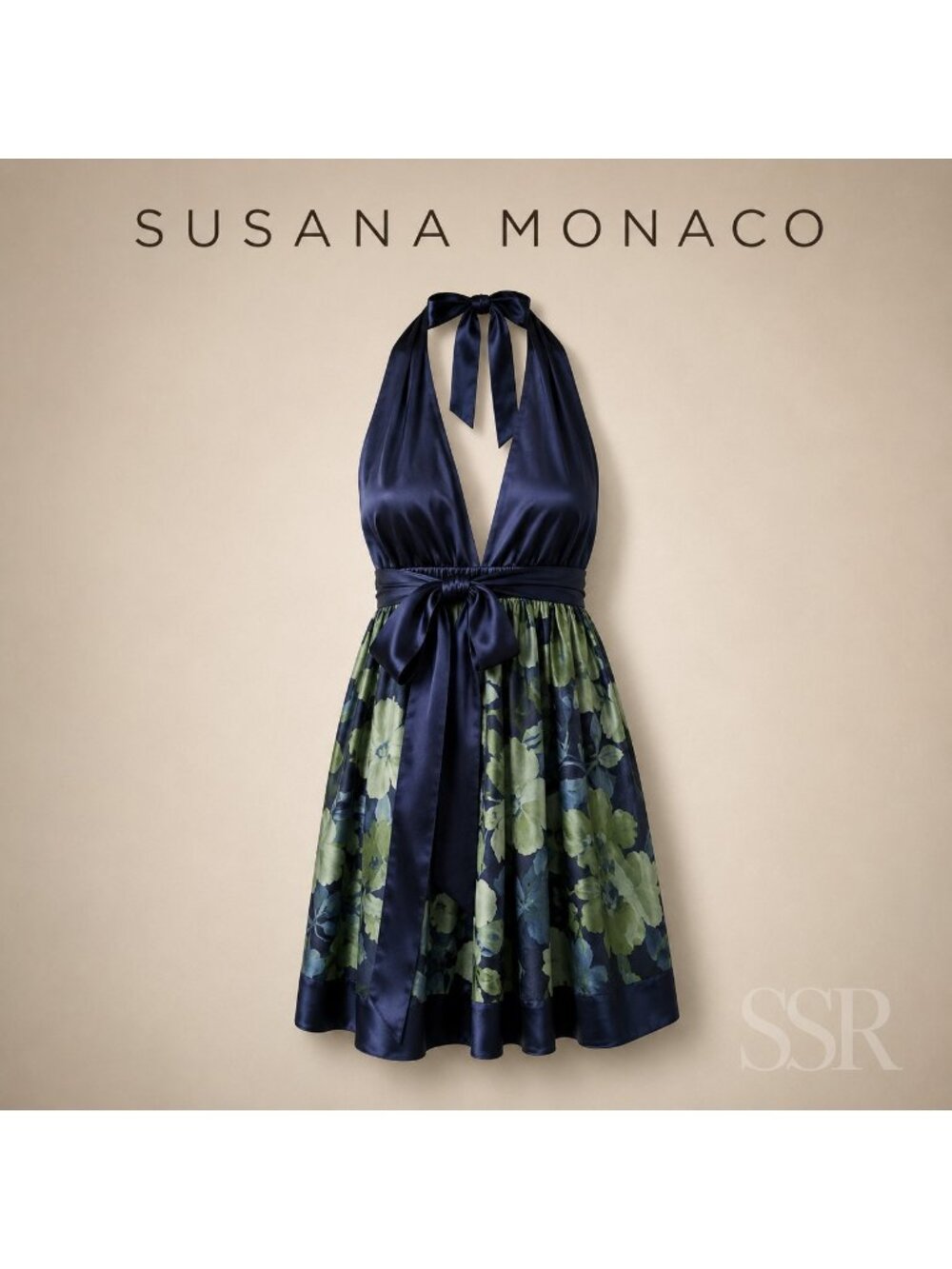 NWT Susana Monaco Silk Halter Dress Size 8 Celadon Floral Open Back Empire Waist